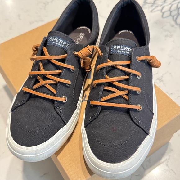 Sperry Crest Vibe Sneakers Black Canvas Shoes Tan Leather Laces Casual Slip-on - Picture 6 of 12